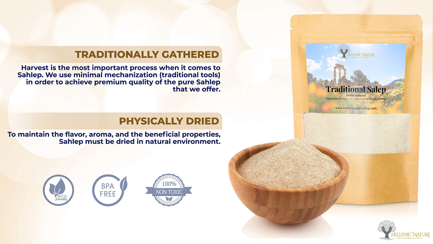 HELLENIC NATURE Traditional Salep Sahlep - Hot Drink in DoyPack with ZipLock, 2.82oz