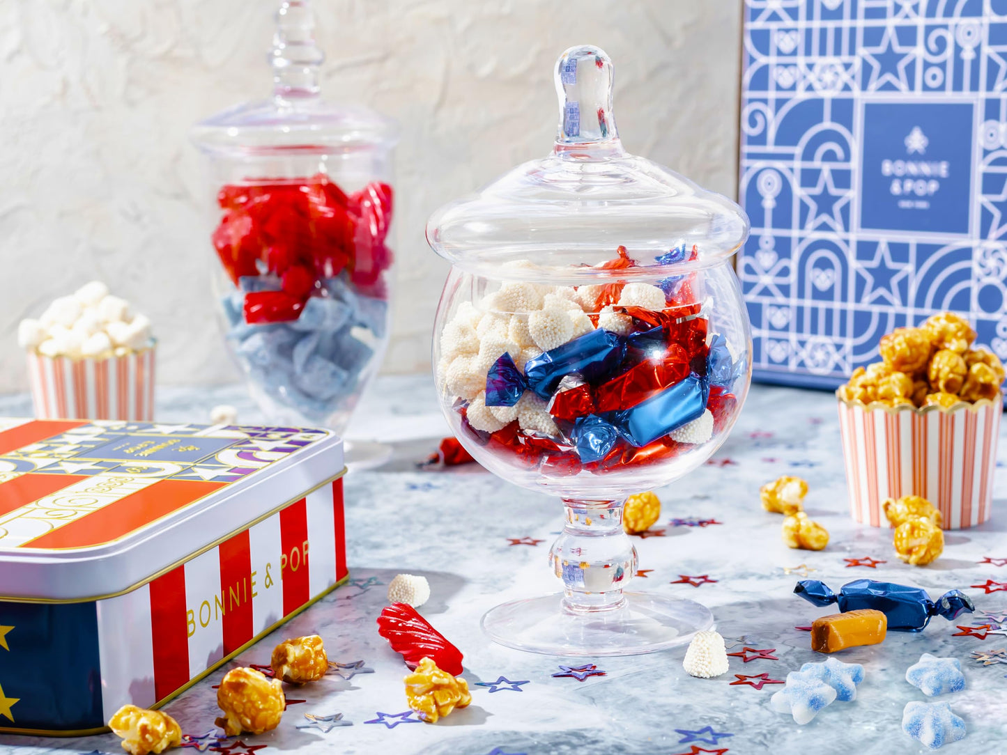 BONNIE AND POP Gift Basket - Patriotic Candy Sampler with Soft Licorice, Gummy Stars, Champagne Bubbles, 24 Ounce