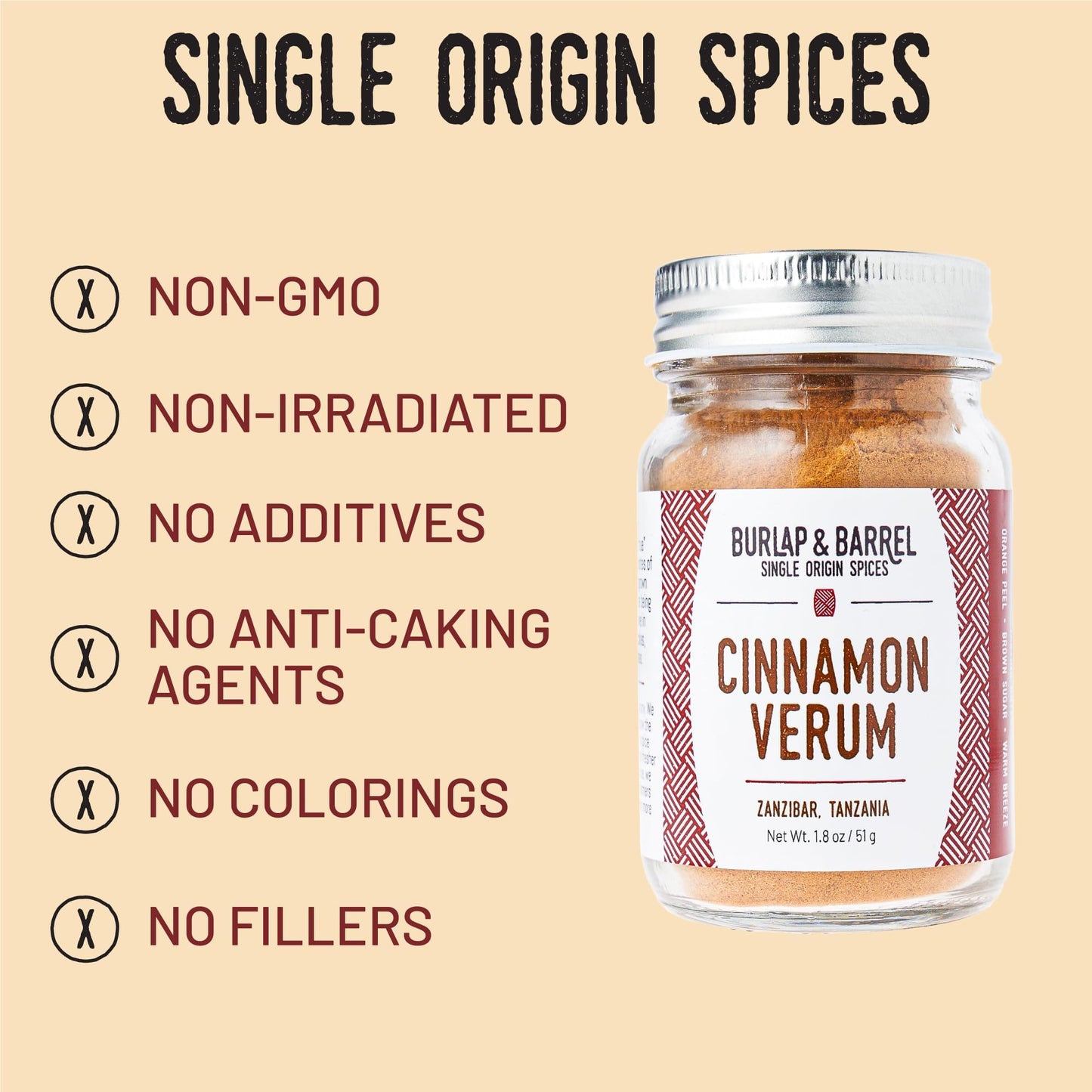 Burlap & Barrel Ground Ceylon Cinnamon Powder, 1.8oz Glass Jar, with Pine, Citrus Peel, and Sea Salt Notes