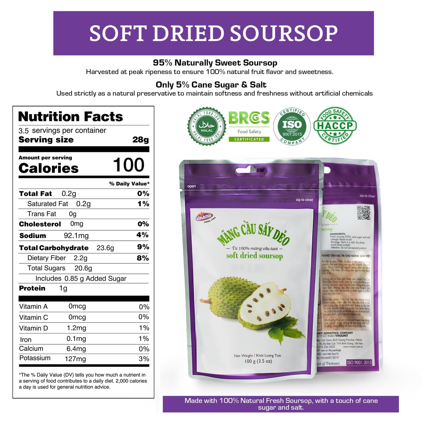 Vinamit Soft Dried Soursop | Soursop Fruit 3.5 oz bag | Natural Tropical Fruit Snack | Vegan, Gluten-Free, Non-GMO | High in Fib