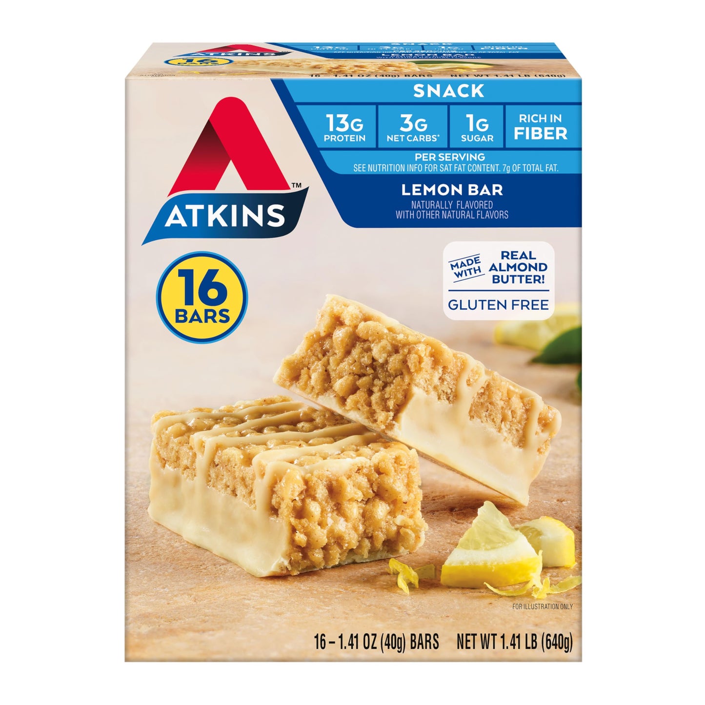 Atkins Snack Bar, Lemon Bar, 13G Protein, 3G Net Carbs, 1G Sugar, Made With Real Almond Butter, Gluten Free, High In Fiber, Keto