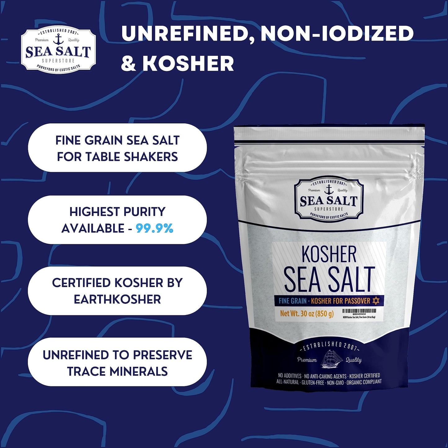 Sea Salt Superstore Kosher Sea Salt, Fine Grain, Non-Iodized, 30 oz Bag - Ideal Table Salt Replacement for Shakers