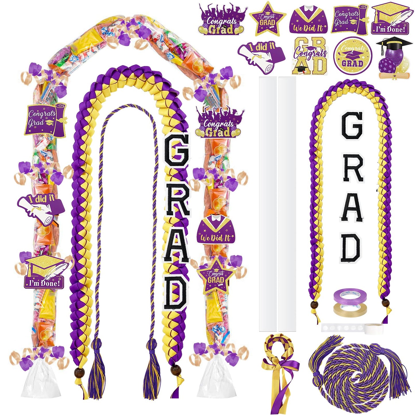 TKNOUS Graduation Ribbon Leis Kit, 10 Pcs Honor Cord, Purple Gold Candy Necklace, Class of 2025, Craft Supplies