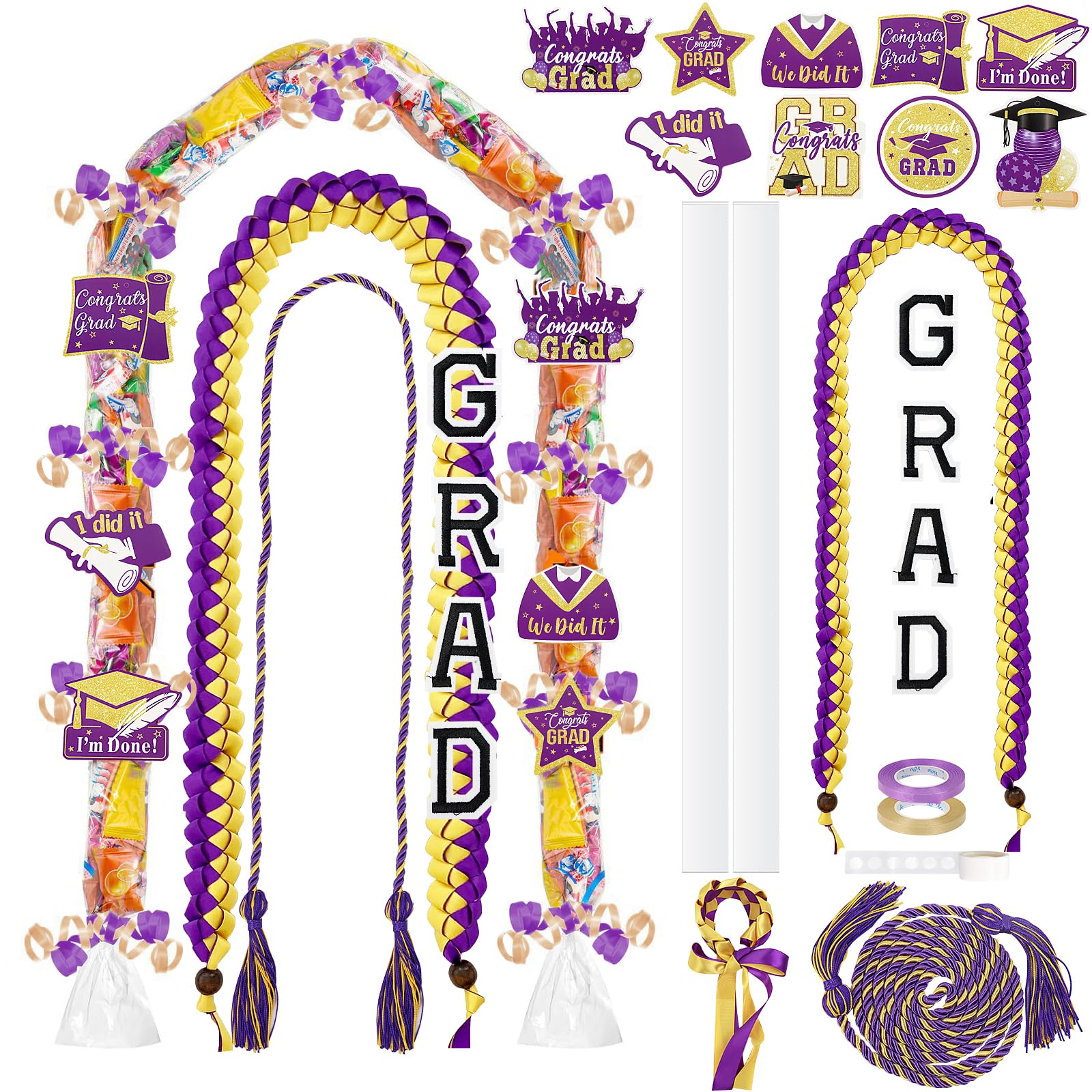 TKNOUS Graduation Ribbon Leis Kit, 10 Pcs Honor Cord, Purple Gold Candy Necklace, Class of 2025, Craft Supplies