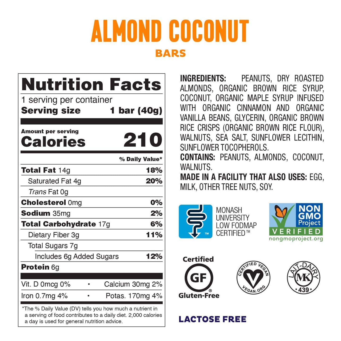Fody Foods Vegan Protein Nut Bars, Almond And Coconut Flavor, 6G Protein Per Bar, Low Fodmap Certified, Sensitive Recipe, Gut &