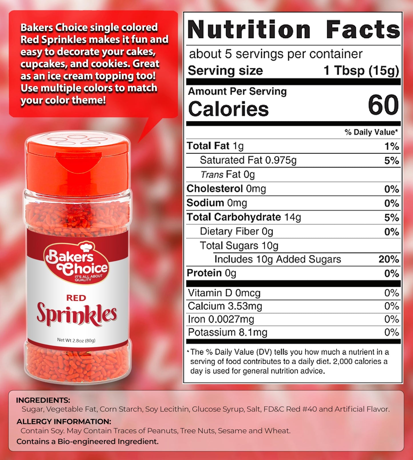Bakers Choice Red Sprinkles For Baking - Jimmies Sprinkles For Ice Cream Toppings - Dairy Free, Kosher 2.8 Oz.