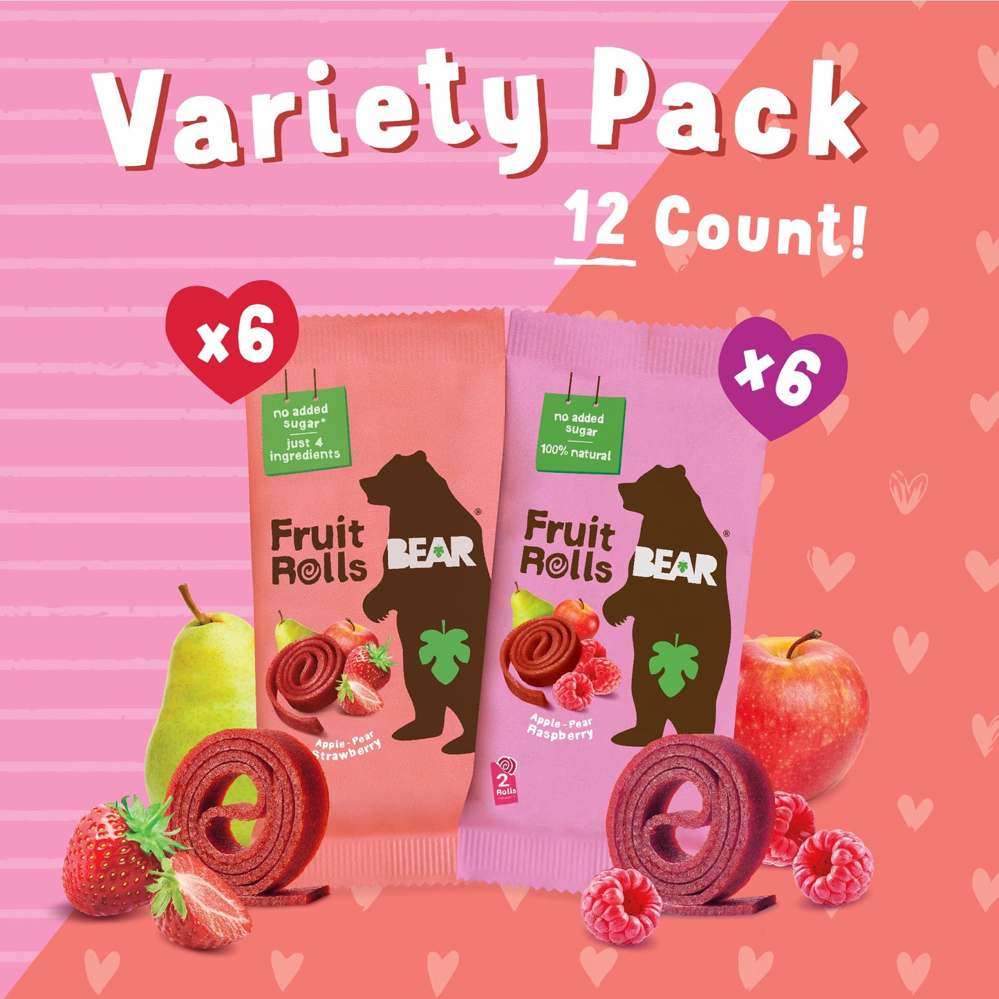 Bear Valentines Day Strawberry & Raspberry Fruit Rolls Variety Pack, 12 Pack (2 Rolls Per Pack) - Gluten Free, Vegan, and Non-GM