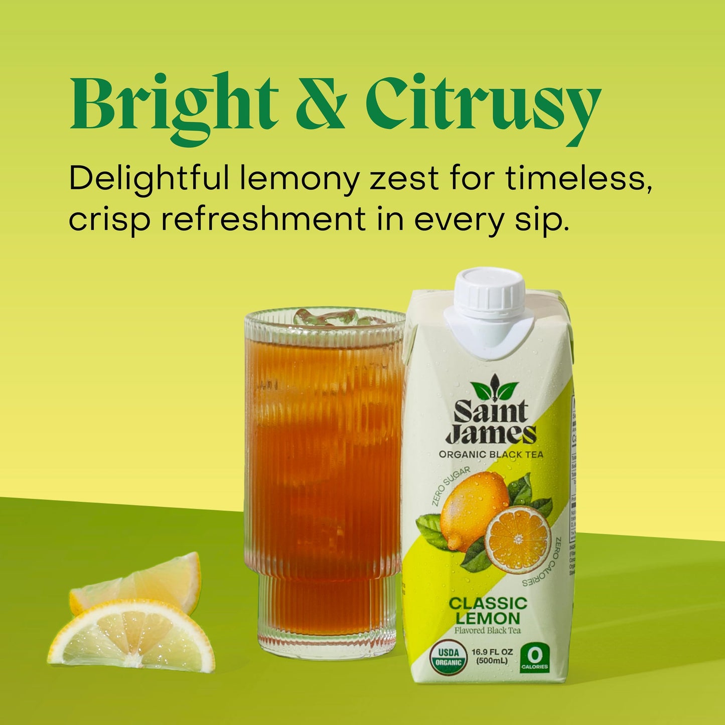 Saint James Iced Tea - Organic Black Tea - Non-GMO, Gluten Free, Zero Calorie, Zero Sugar - Classic Lemon, 12 Pack (16 fl oz eac