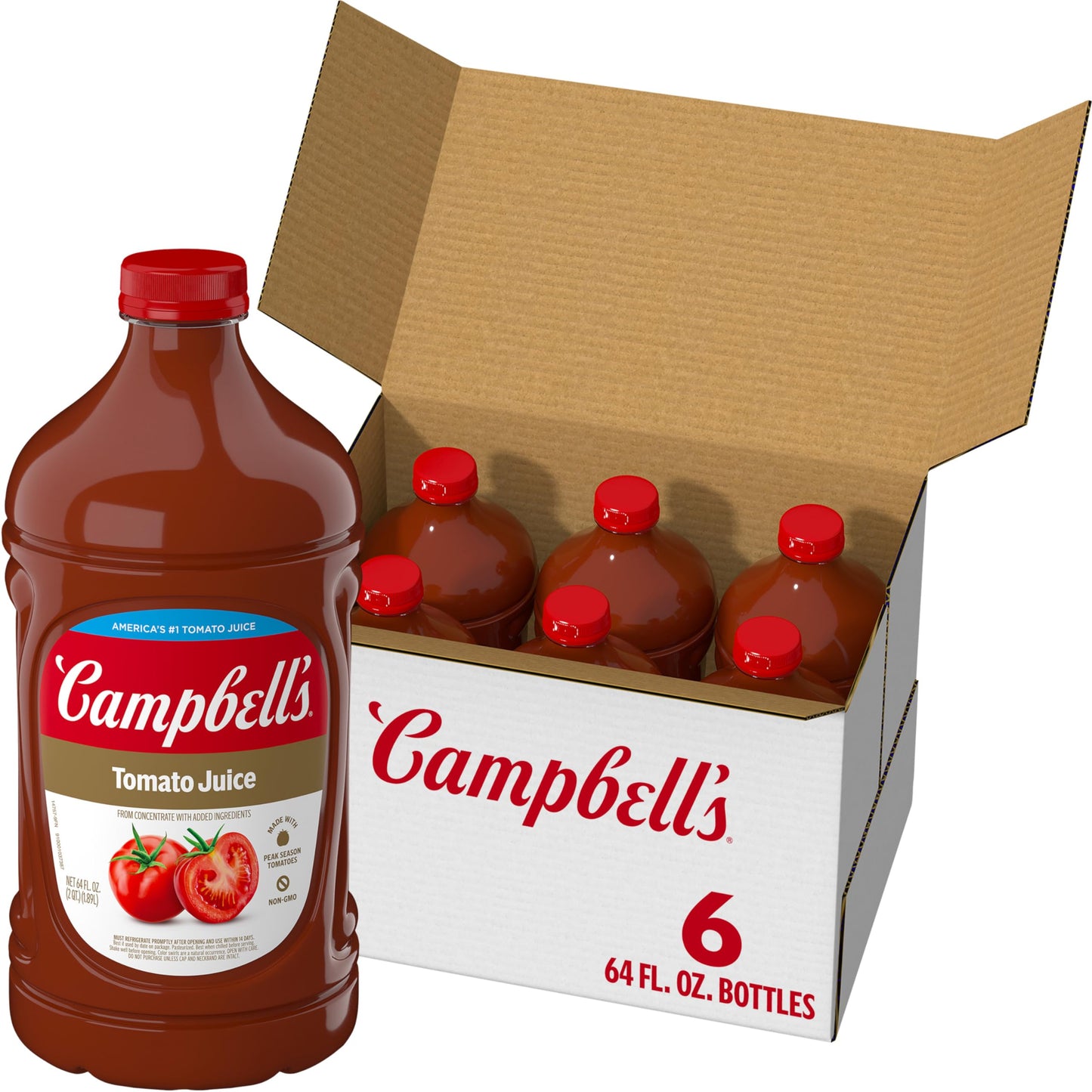 Campbells Tomato Juice, 100% Pure, 64 Fl Oz Bottle, Pack of 6