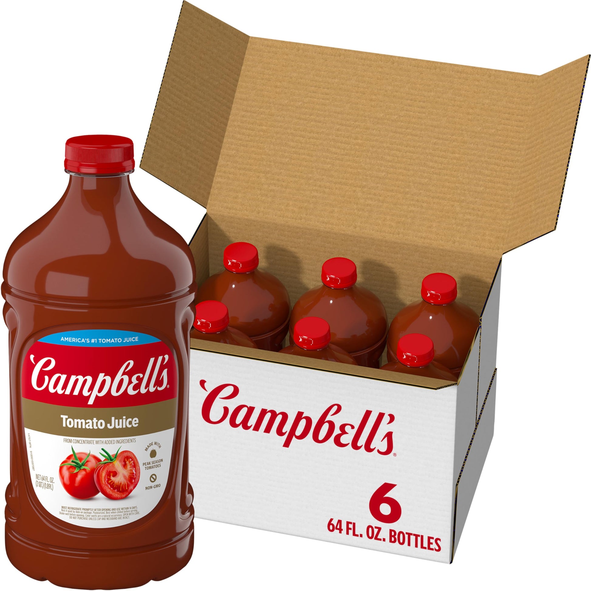 Campbells Tomato Juice, 100% Pure, 64 Fl Oz Bottle, Pack of 6