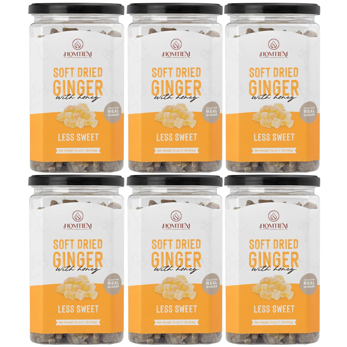 HOMTIEM Dried Crystallized Ginger, Less Sweet, Pack of 6, All-Natural, Preservative-Free, 16 Ounce Each