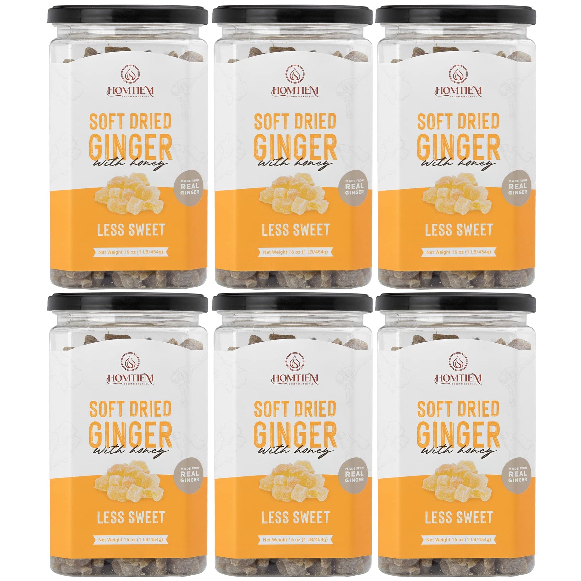 HOMTIEM Dried Crystallized Ginger, Less Sweet, Pack of 6, All-Natural, Preservative-Free, 16 Ounce Each