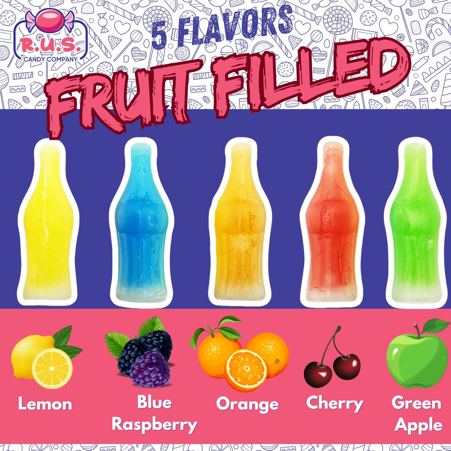 Old-Fashioned Wax Bottle Candy - 1/2 Lbs Bulk Pack - 5 Fruity Flavors (Lemon  Blue Raspberry  Orange  Cherry  Green Apple) - Retro Candy Drinks for Parties  Kids  and Nostalgic 90s Buffet (Half Pound)