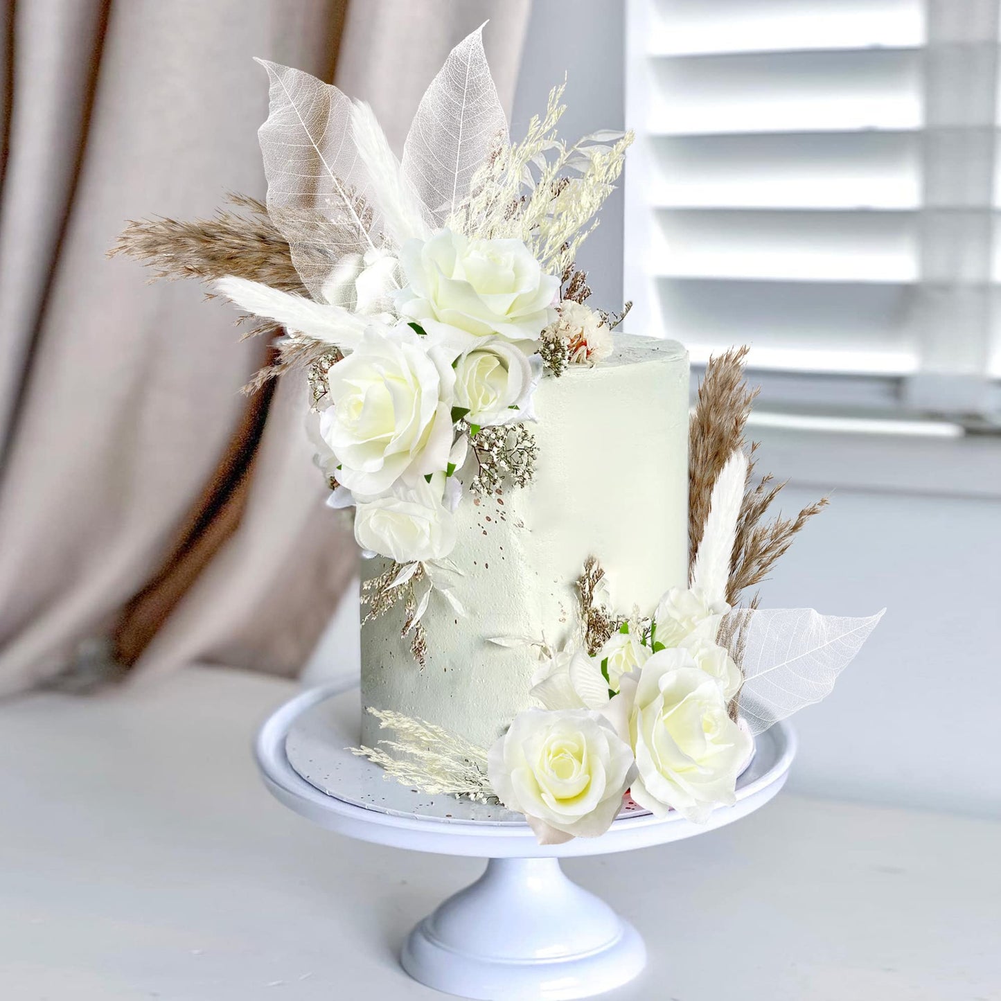 HAVAGDTM Natural Boho Cake Topper, Vintage Artificial Flowers & Dried Pampas Grass, White, Model HAVA-KFT