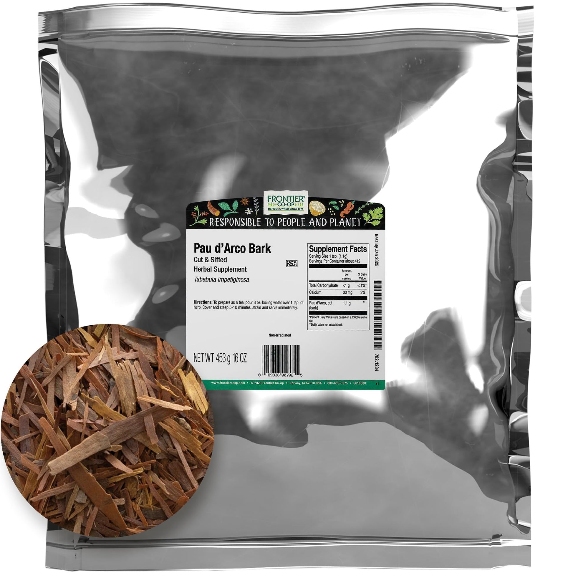 Frontier Co-op Pau dArco Bark, Cut & Sifted, Kosher, Non-irradiated, 1 lb Bulk Bag