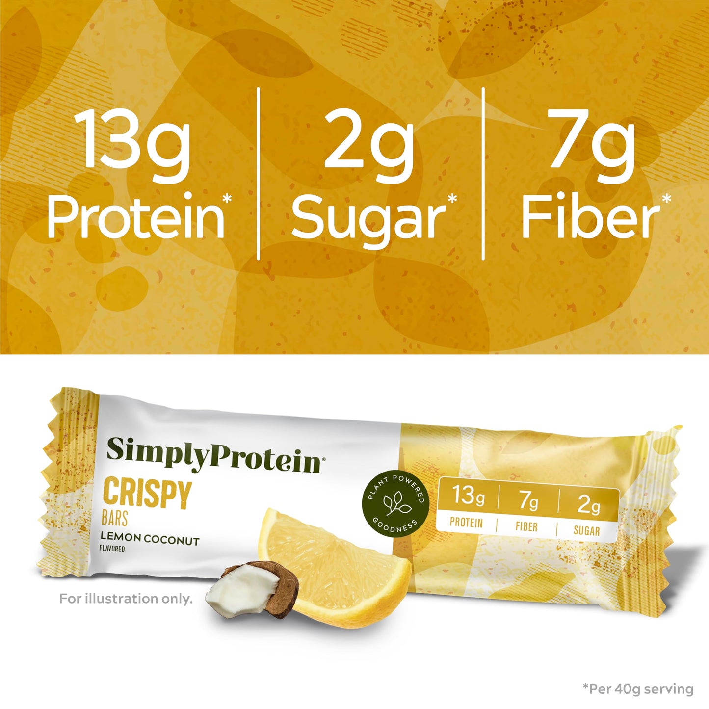 Simply Protein Lemon Coconut Crispy Bars - Plant Based, Low Carb, Vegan - 8 Count
