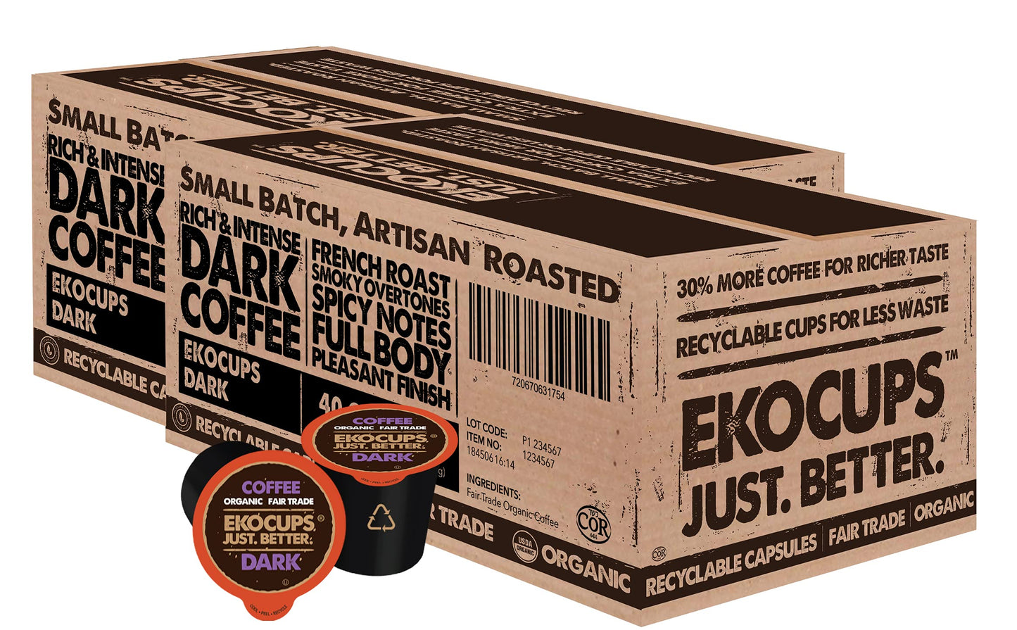 Ekocups Organic Dark Roast Coffee Pods, Extra 30% More Coffee Per Cup, Artisan Fair Trade, Dark Roast Coffee For Keurig K Cup Ma