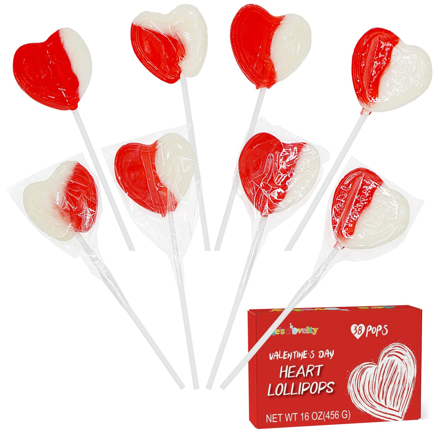 4E'S Novelty 38 Pack Heart Shaped Lollipops, Strawberry And Cream Flavored, Individually Wrapped Valentines Suckers For Kids Adu