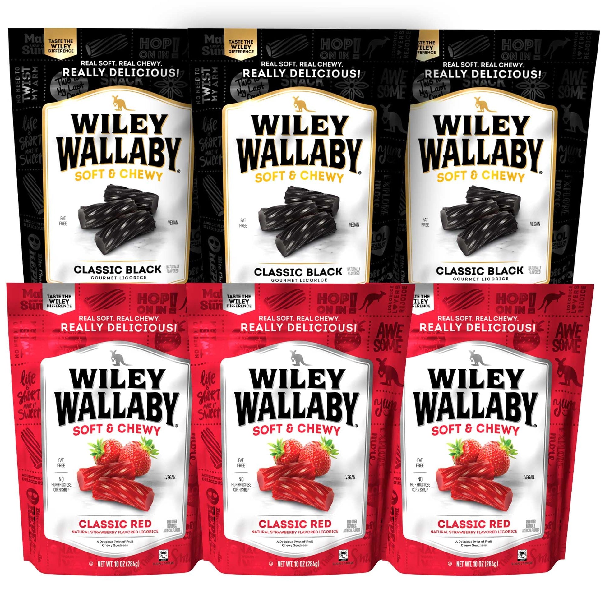 Wiley Wallaby Licorice 10 Ounce Variety Pack - Red and Black Classic Gourmet Soft & Chewy Australian Licorice Candy - Pack of 6