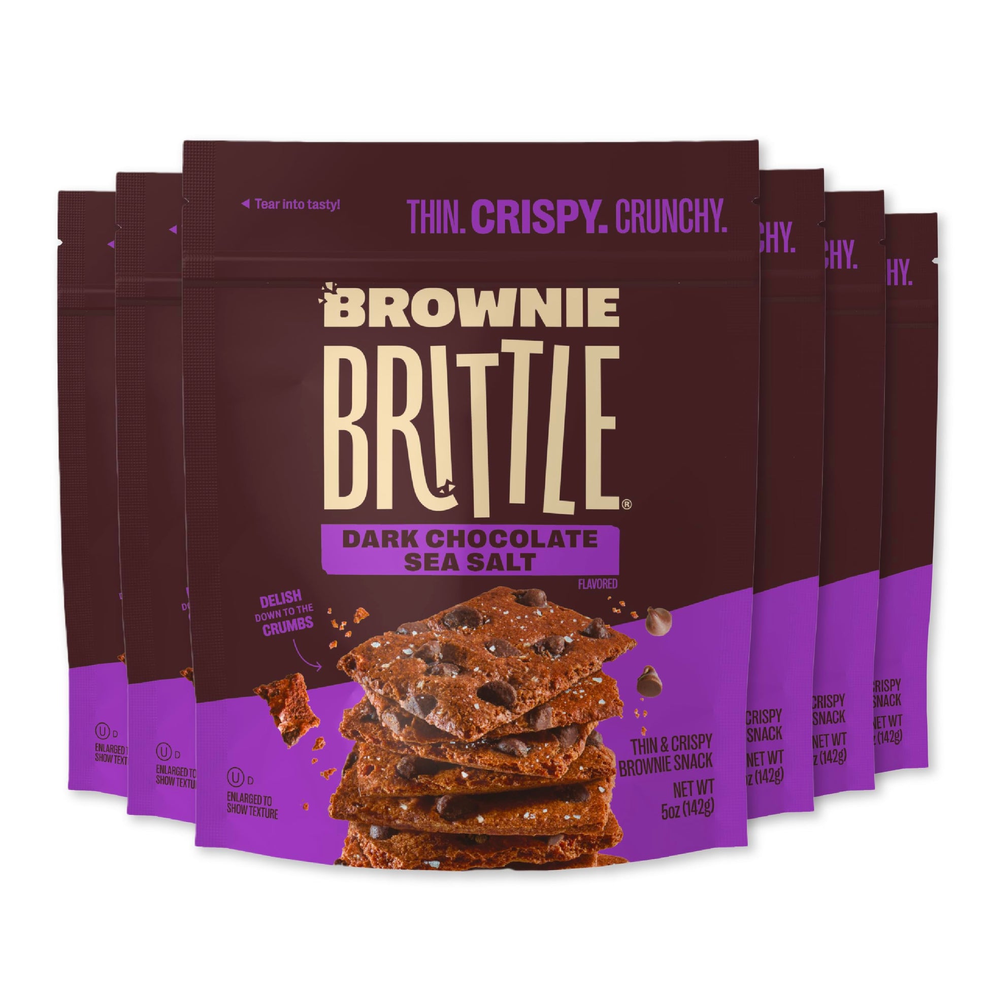 Brownie Brittle - Dark Chocolate Sea Salt Thin and Crispy Sweet Snacks (Pack of 6, 5 oz), Rich Gourmet Brownie Bites Dessert