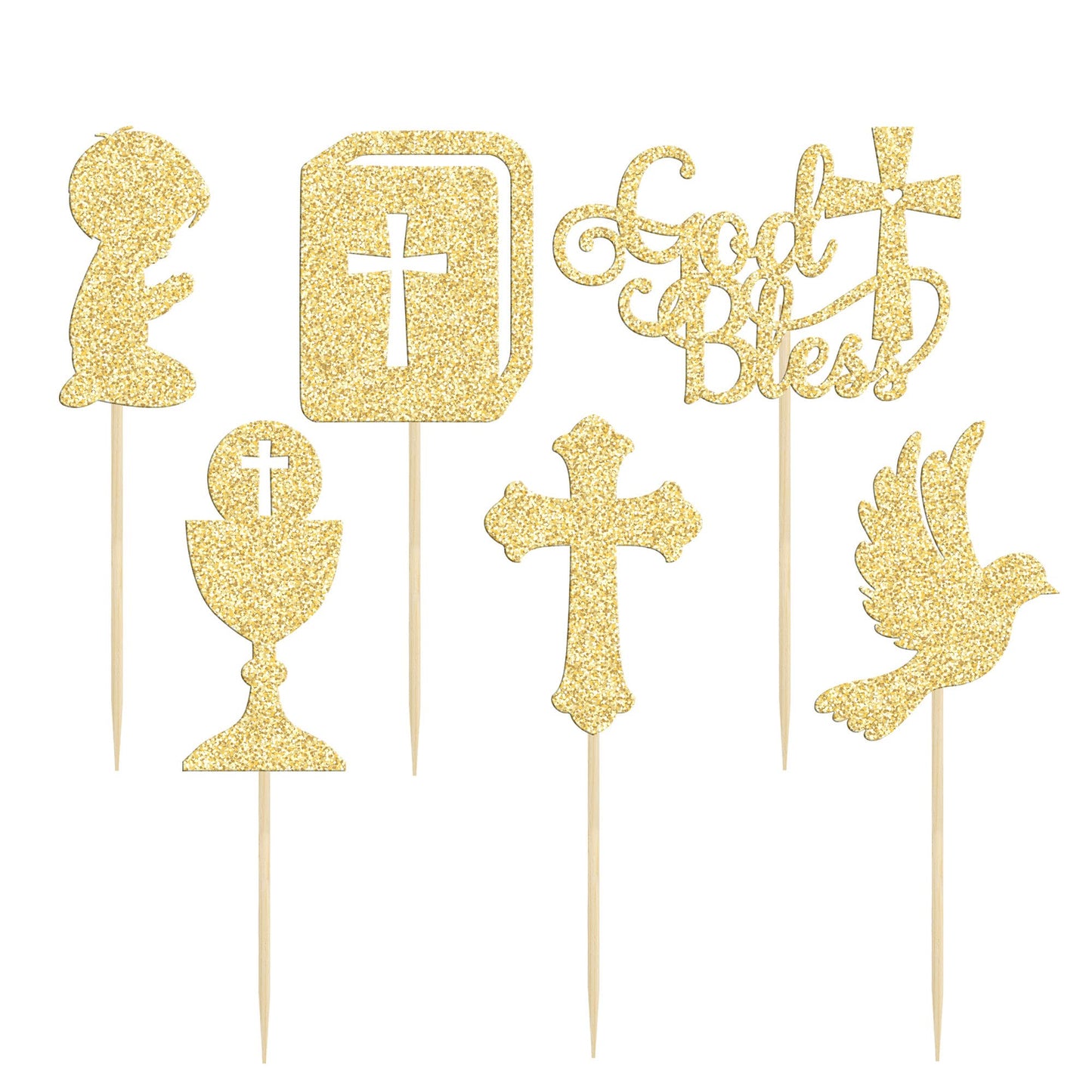 Gyufise Cupcake Toppers, 24Pcs Gold Glitter Cross and Dove, 1.3x4.9, Paper, Christian Baptism Baby Shower Birthday Party Decorations