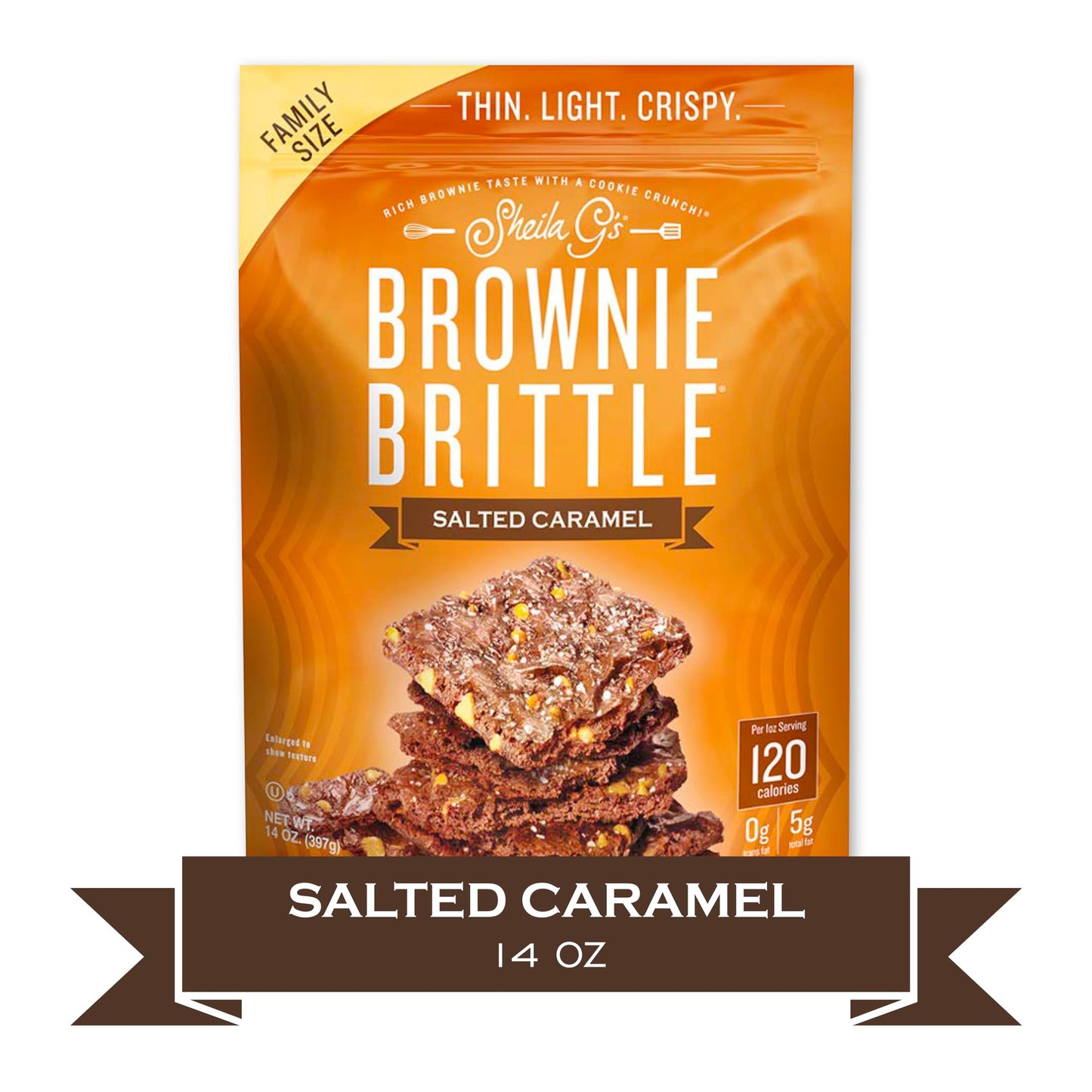 Sheila G'S Brownie Brittle - Salted Caramel Thin And Crispy Sweet Snacks, Family Size (Pack Of 1, 14 Oz), Rich Gourmet Brownie B