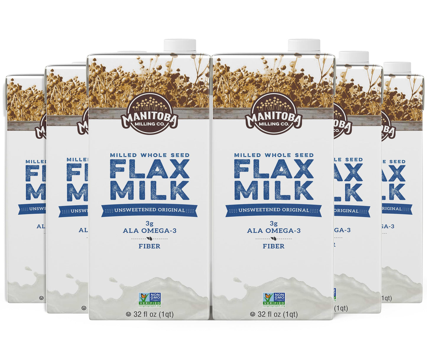 Manitoba Milling Company Flax Milk Unsweetened 32 Fl Oz (Pack of 6) | 3000mg ALA Omega-3 | Non-Dairy, Plant-Based, Non-G