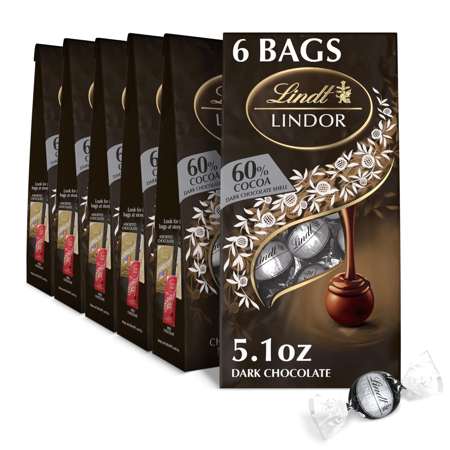 Lindt LINDOR Extra Dark Chocolate Truffles, Smooth Melting Center, 5.1 oz Bag (Pack of 6)