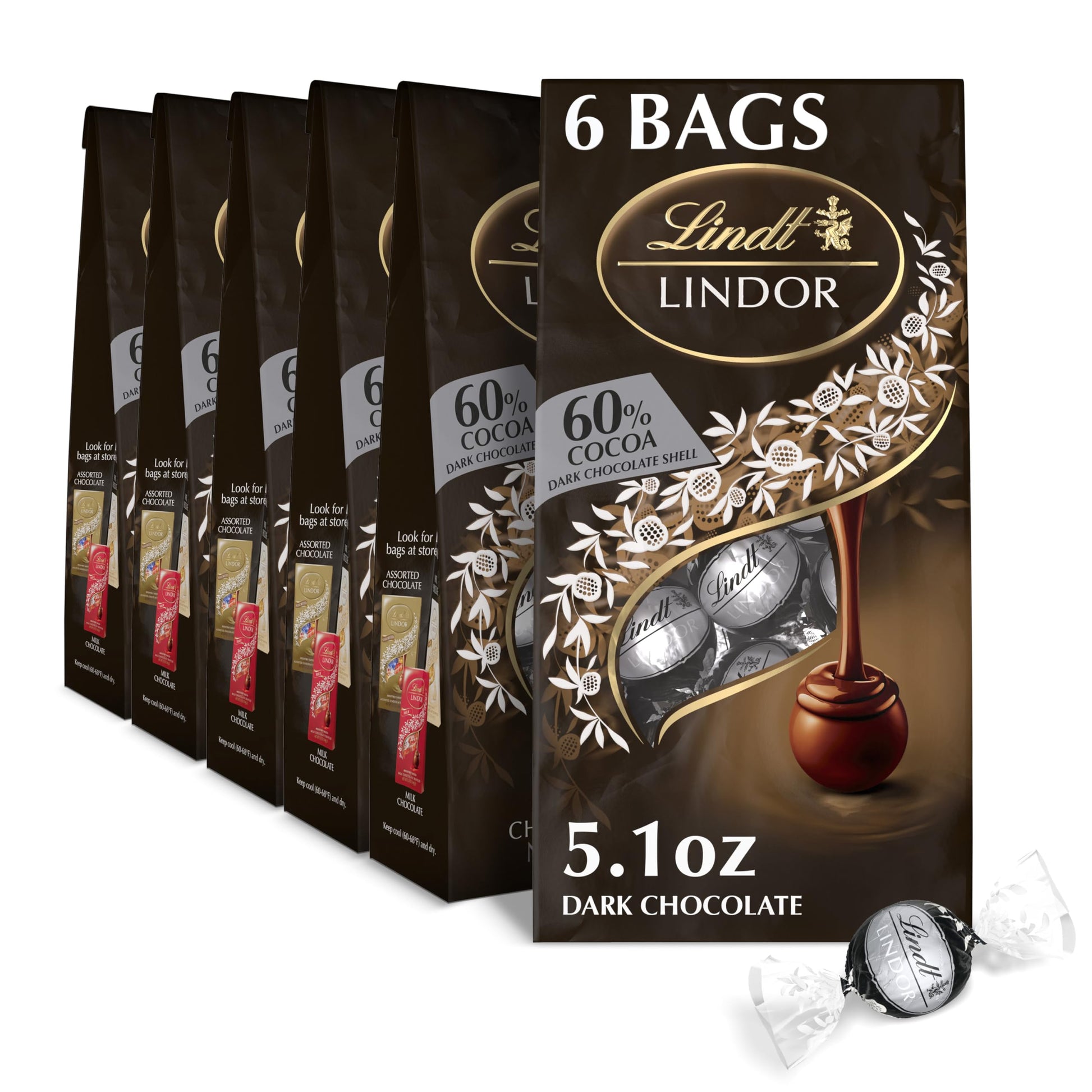 Lindt LINDOR Extra Dark Chocolate Truffles, Smooth Melting Center, 5.1 oz Bag (Pack of 6)