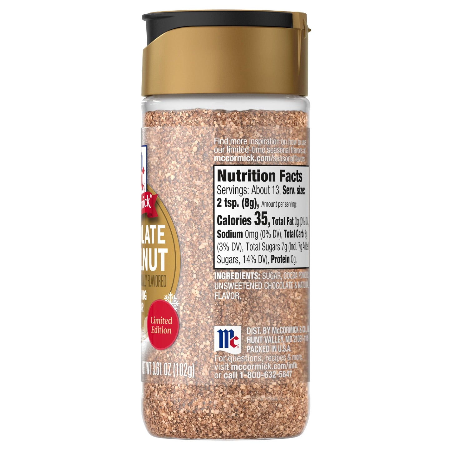 McCormick Finishing Sugar  Chocolate Hazelnut  Limited Edition  Rich Cocoa and Roasted Hazelnut Notes  For Cookies  Ice Cream  Dessert  Beverages  and More  3.61 oz