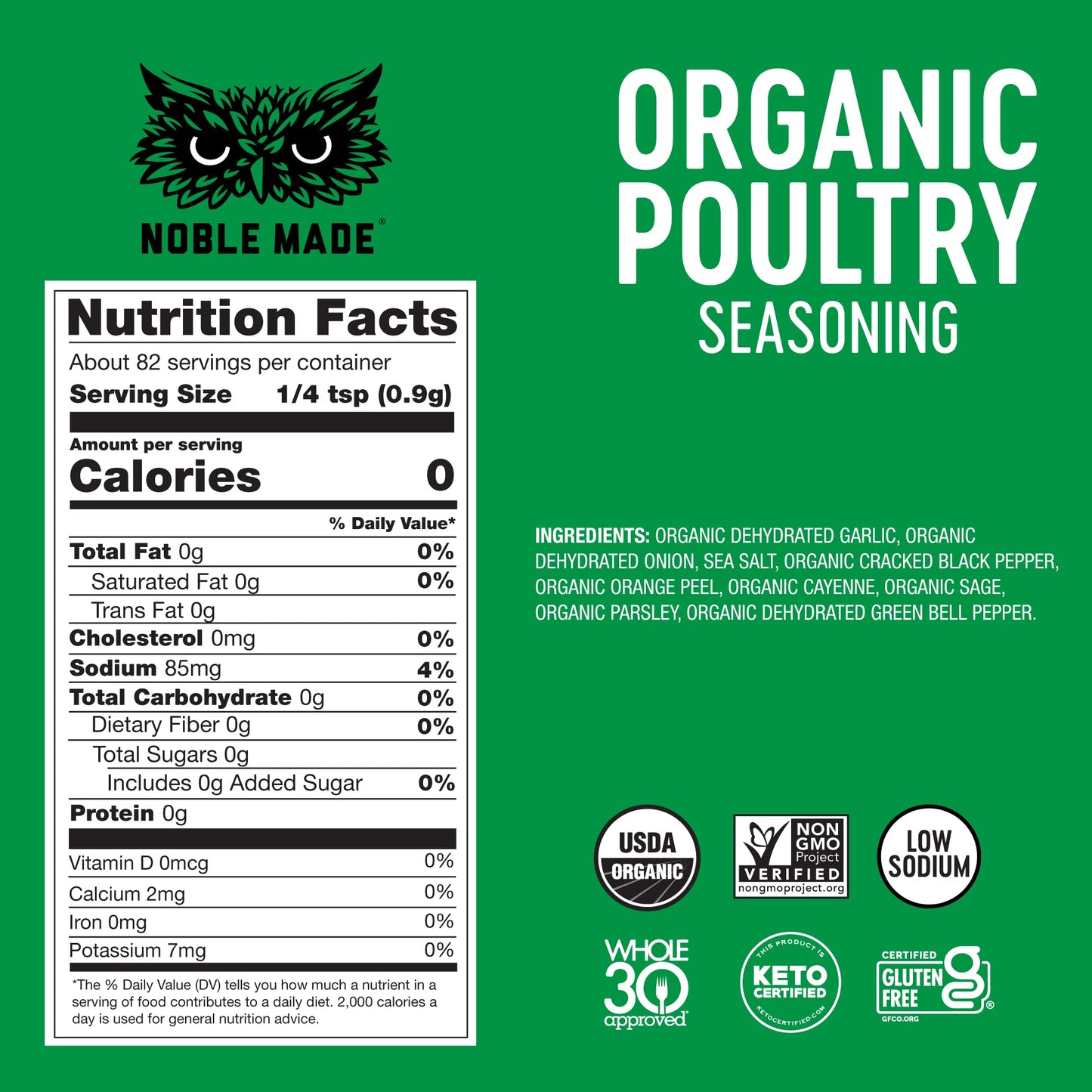 Noble Made Classic Organic Poultry Seasoning, Keto Friendly, Gluten Free, Sugar Free, Usda Organic, Whole 30, Low Sodium, Great For Grilling, Savory Rub, Chicken, Turkey, 2 Ct Bundle, Glass Shakers