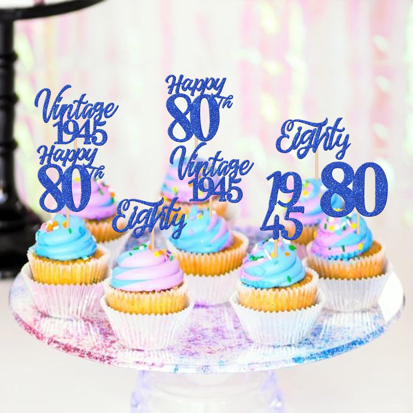 Zhuoweism 30Pcs Happy 80Th Birthday Cupcake Toppers Cheers To 80 Vintage 1945 Eighty Cupcake Picks Blue
