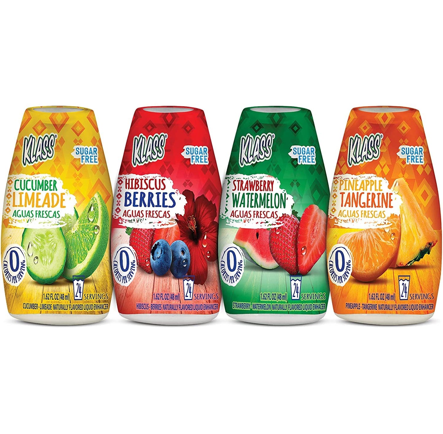 Klass Aguas Frescas Liquid Water Enhancer Sugar-Free Variety Pack, Cucumber Limeade, Strawberry Watermelon, Hibiscus Berries & Pineapple Tangerine, 1.62 Fl Oz, (Pack Of 4 Makes 24 Servings Each)