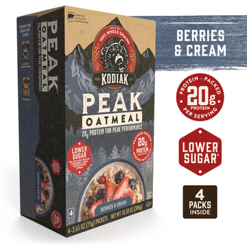 Kodiak Cakes Peak Instant Oatmeal Packets, Berries & Cream, High Protein,100% Whole Grains, 6 box with 4 packets each (Total of