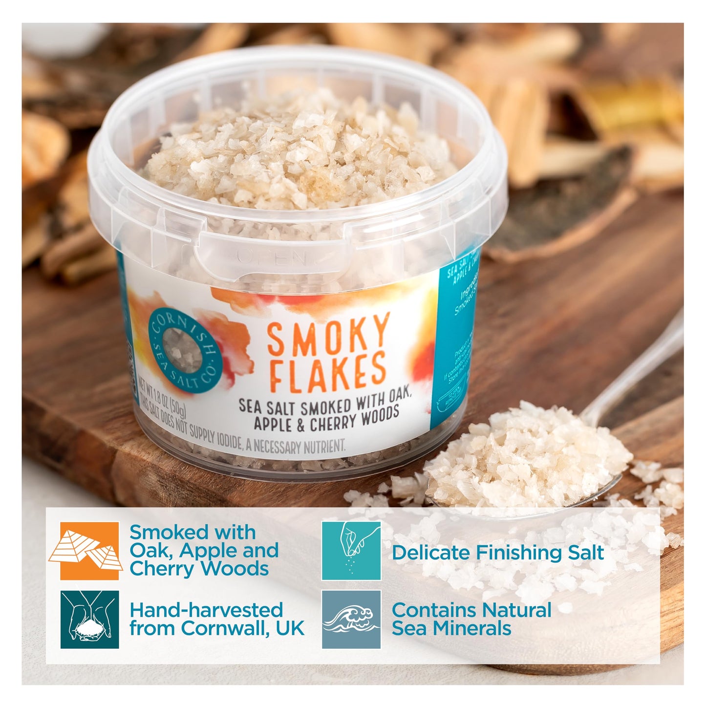 Cornish Sea Salt Smoky Flakes | Cooking & Hydration | Hand-Harvested in Celtic Waters | 1.8 oz Resealable Tub (Pack of 1)