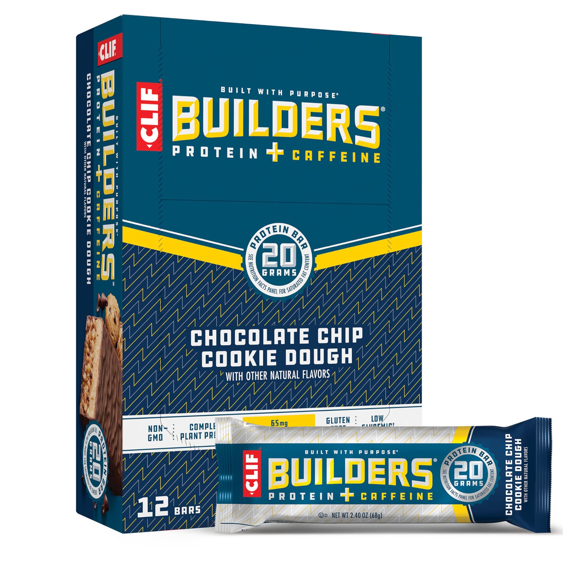 Clif Builders + Caffeine Protein Bars - Chocolate Chip Cookie Dough Flavor - 20G Plant Based Protein - Gluten Free - Non-Gmo - Low Glycemic - No Artificial Sweeteners - 2.4 Oz. (12 Pack)