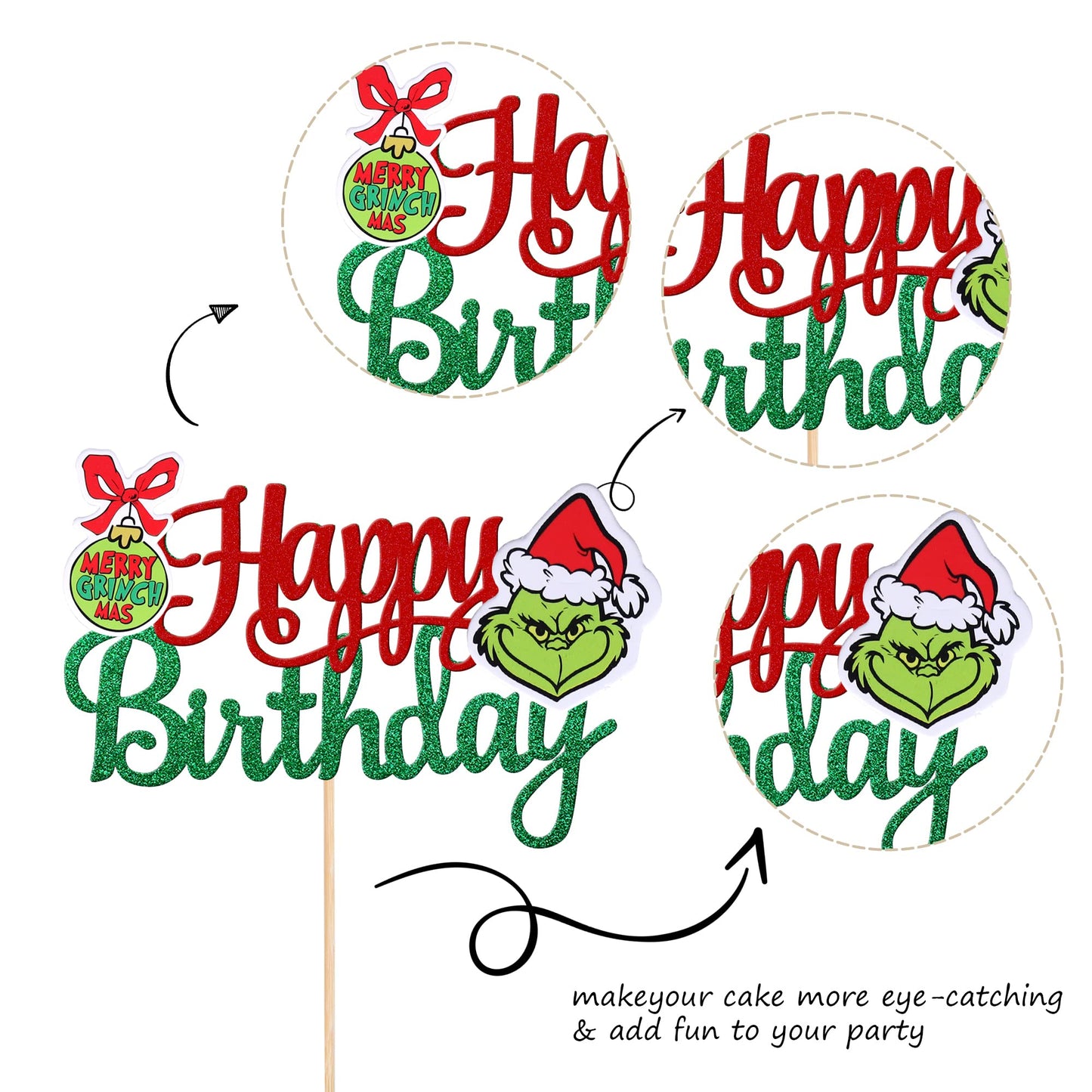 1 Pcs Glitter Grinch Happy Birthday Cake Topper Assembled Merry Christmas Grinch Cake Pick For Christmas Theme Baby Shower Kids