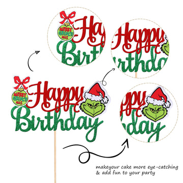 1 Pcs Glitter Grinch Happy Birthday Cake Topper Assembled Merry Christmas Grinch Cake Pick For Christmas Theme Baby Shower Kids