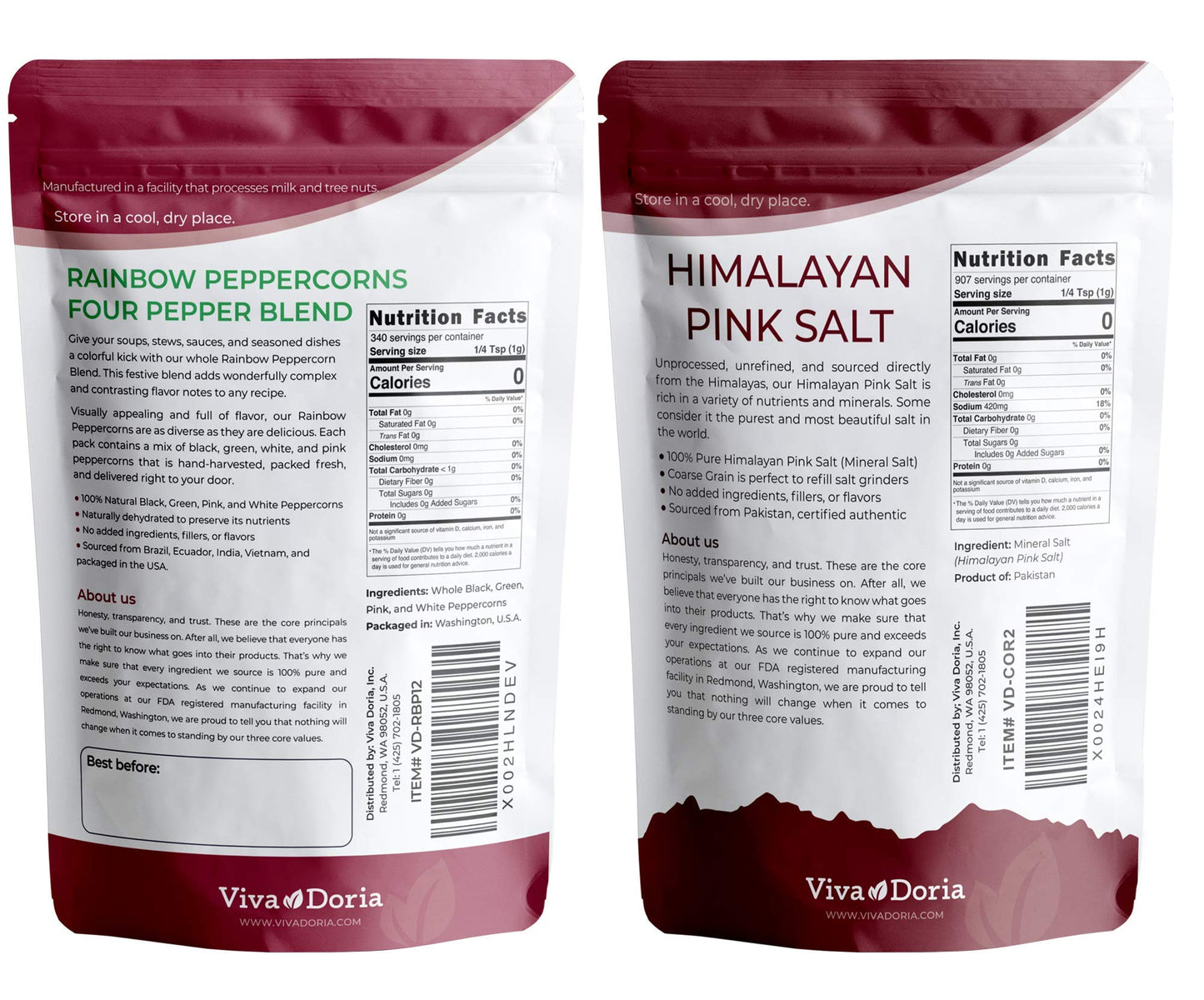 Viva Doria Rainbow Peppercorn Blend & Himalayan Pink Salt Set, 12 oz & 2 lbs, Coarse Grain, Perfect for Grinder Refills
