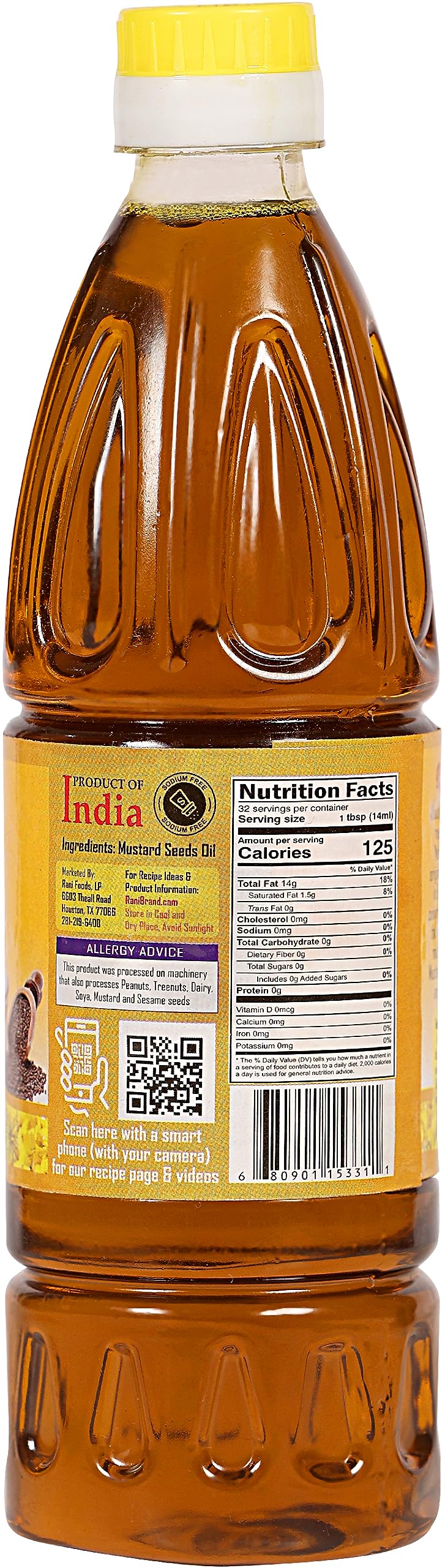 Rani Mustard Oil (Kachi Ghani) 16.9 Ounce (500Ml) Non-Gmo | Gluten Free | Vegan | 100% Natural | Kosher