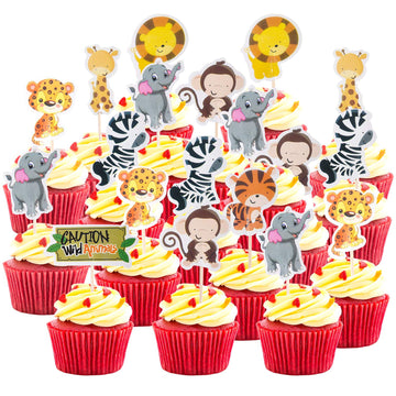 96 Pieces Safari Cupcake Toppers Jungle Animal Cupcake Picks Tiger Zebra Monkey Leopard Elephant Giraffe Lion Toothpicks Zoo The