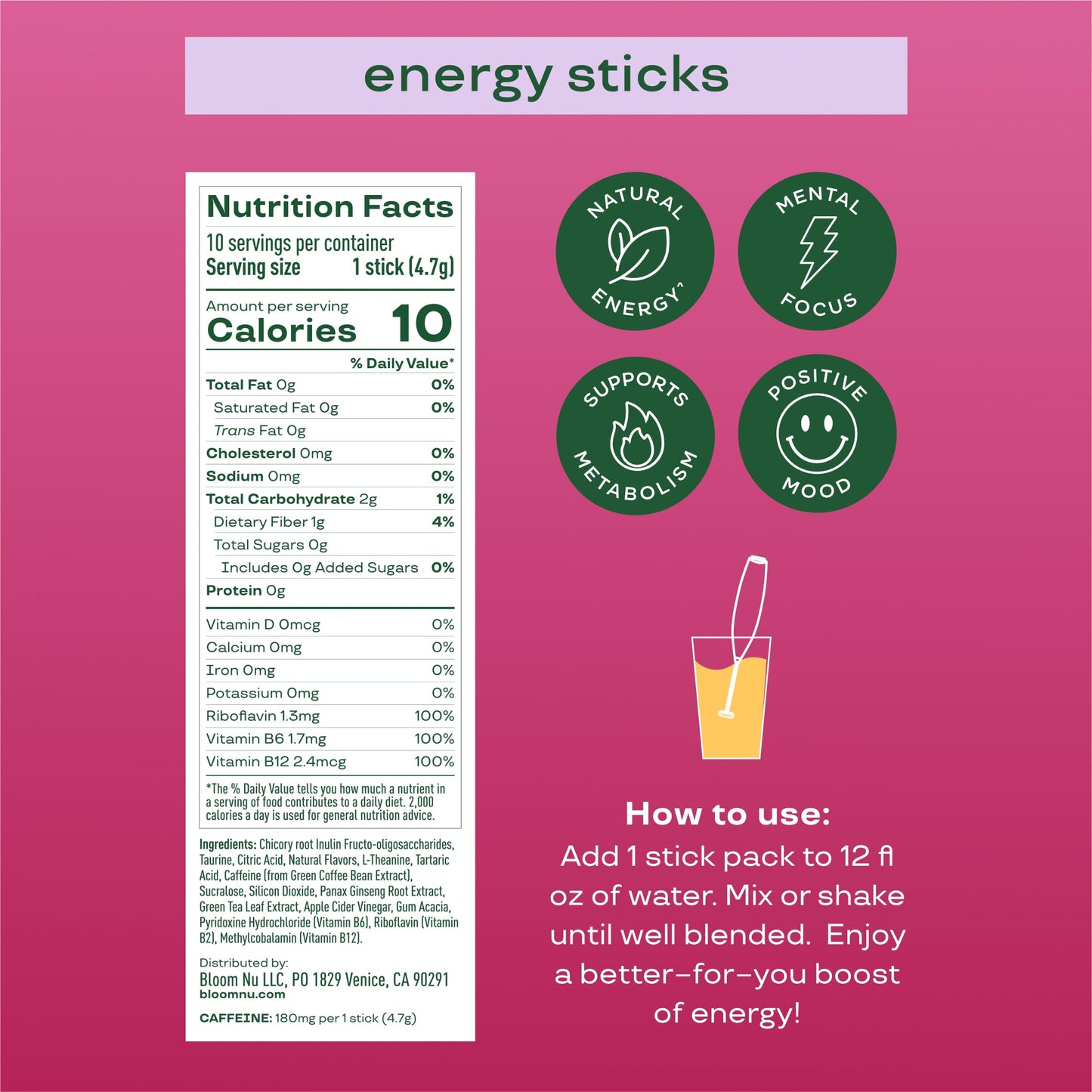 Bloom Nutrition Energy Drink Powder Packets  Sugar Free Energy Drink Mix with L-Theanine  B Vitamins & Natural Caffeine  On the Go Powder Sticks for Natural Energy  10 Calories (10 Pouches (Pack of 1)  Cherry Lime)