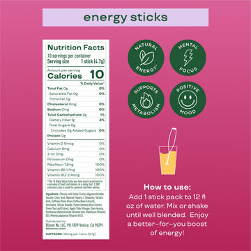 Bloom Nutrition Energy Drink Powder Packets  Sugar Free Energy Drink Mix with L-Theanine  B Vitamins & Natural Caffeine  On the Go Powder Sticks for Natural Energy  10 Calories (10 Pouches (Pack of 1)  Cherry Lime)