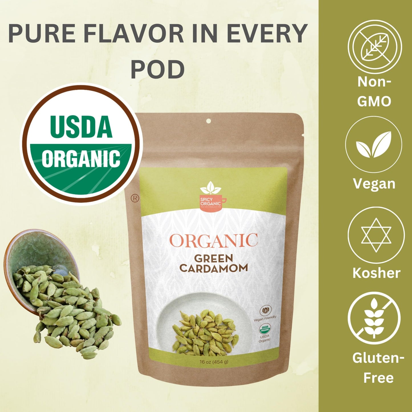 SPICY ORGANIC Jumbo Green Cardamom Pods - 100% Pure USDA Organic - 4 oz - Non-GMO, Gluten-Free, Resealable Pack