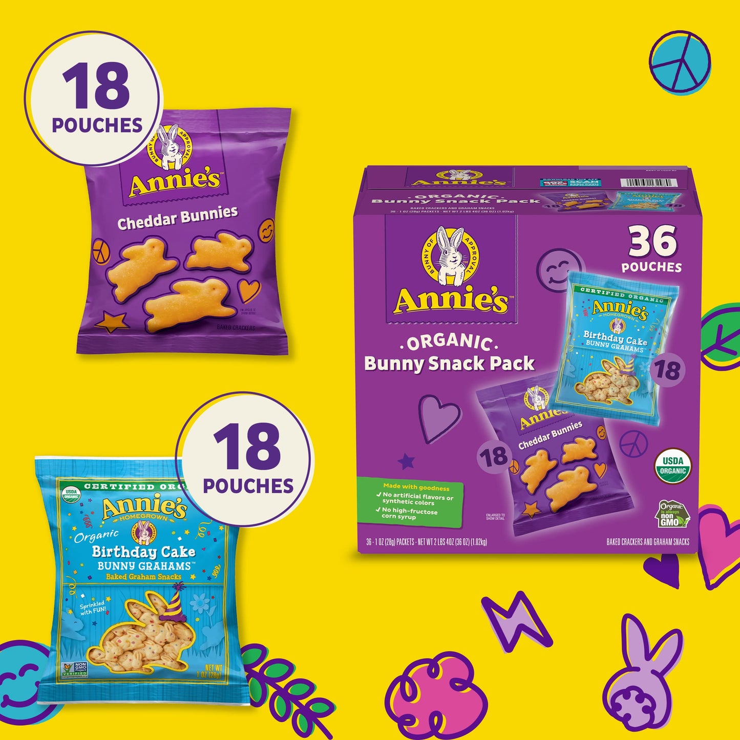 Annie'S Organic Birthday Cake Bunny Grahams And Cheddar Bunnies Snack Pack 36 Count, Kids Snacks, 36 Oz