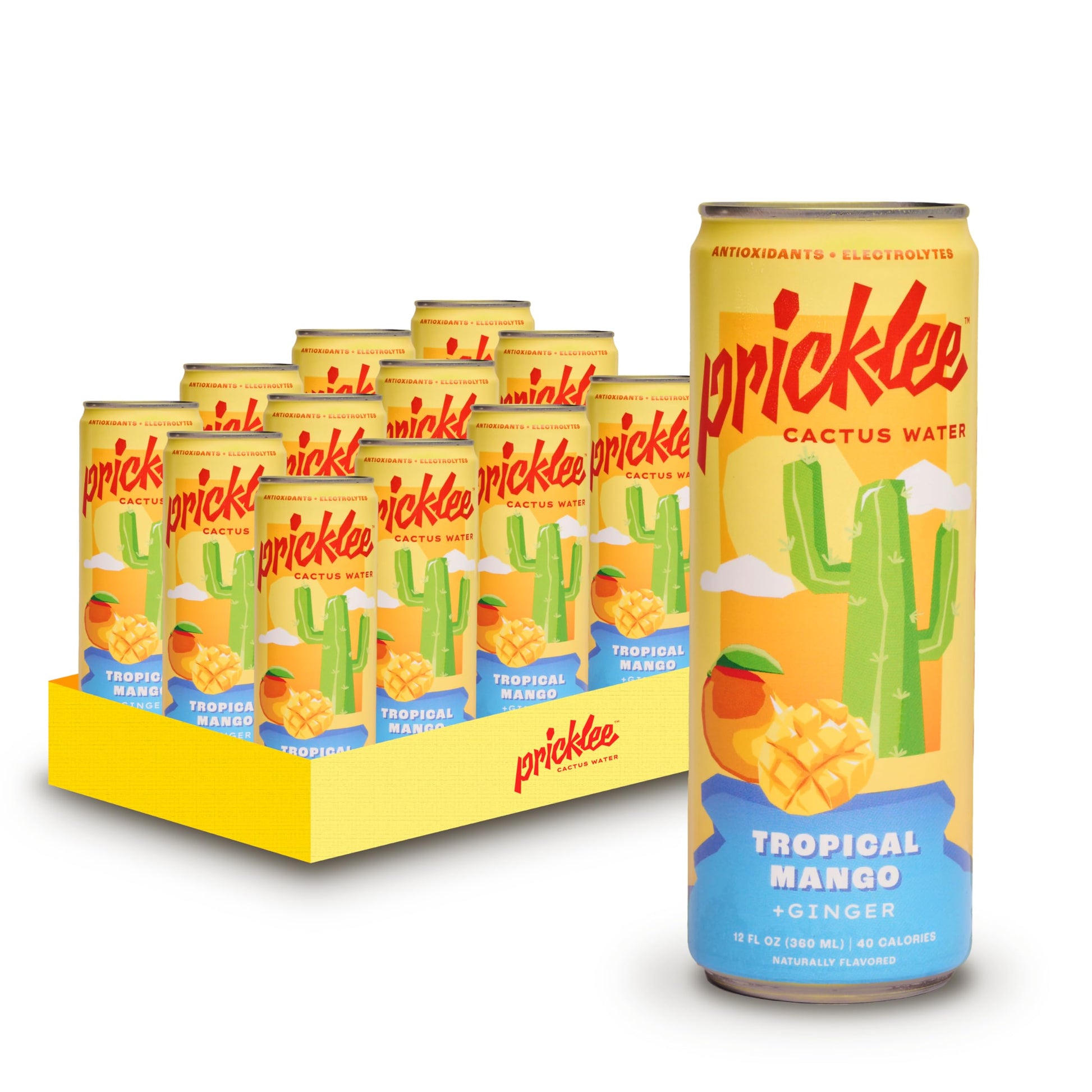 PRICKLEE SUPERFRUIT WATER Tropical Mango Cactus Water - Low-Calorie, Low-Sugar, 12 Fl Oz (Pack of 12) Non-Sparkling Sports Drink