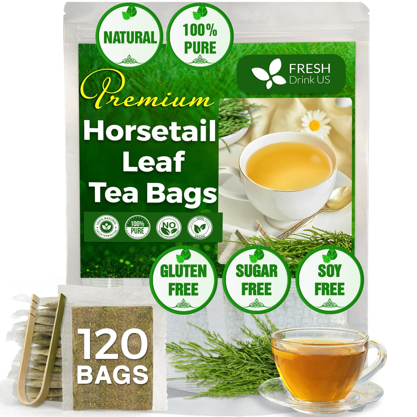 FRESHDRINKUS Horsetail Leaf Tea Bags, 100% Natural & Pure, 120 Count, Vegan, No Sugar, No Caffeine, Herbal Tea