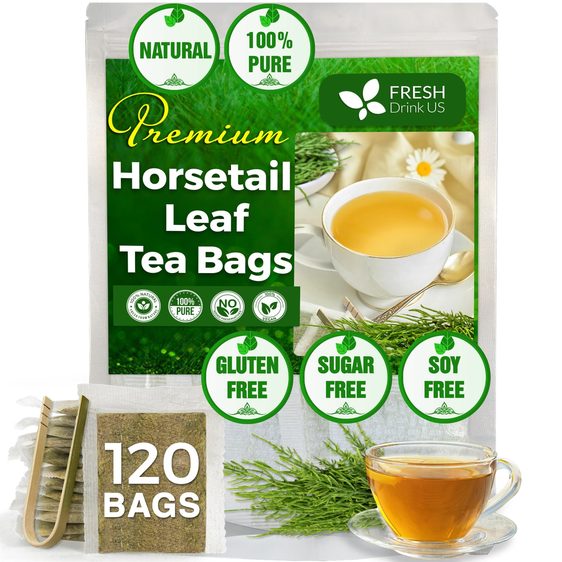 FRESHDRINKUS Horsetail Leaf Tea Bags, 100% Natural & Pure, 120 Count, Vegan, No Sugar, No Caffeine, Herbal Tea