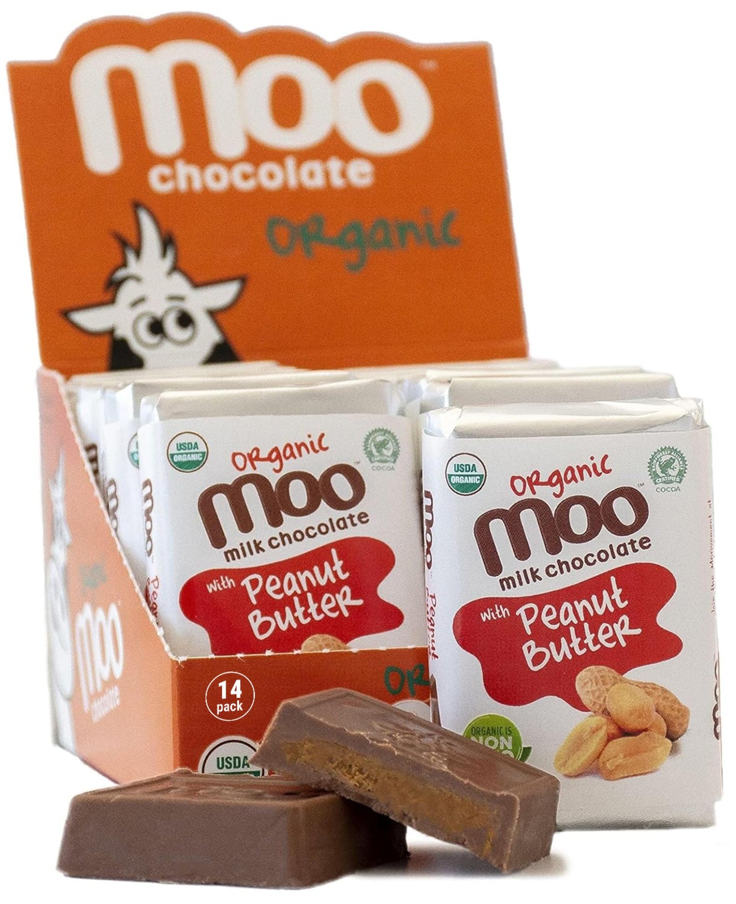 Moo Chocolates Organic Milk Chocolate Mini Bars with Peanut Butter 0.7oz, 14 ct (Pack of 1) | USDA Organic, Non-GMO | 110 Calori