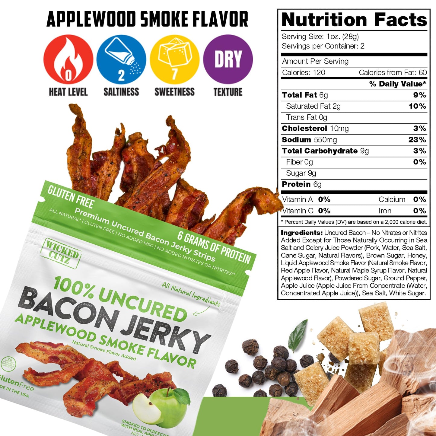 Wicked Cutz Applewood Smoked Bacon Jerky, 12g Protein, Fully Cooked, 2 Ounce (Pack of 2)